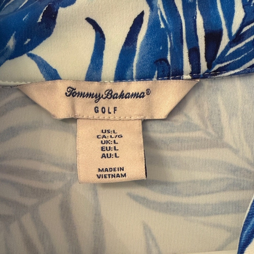 Tommy Bahama Blue and White Palm-Print Golf Shirt - Picture 2 of 6